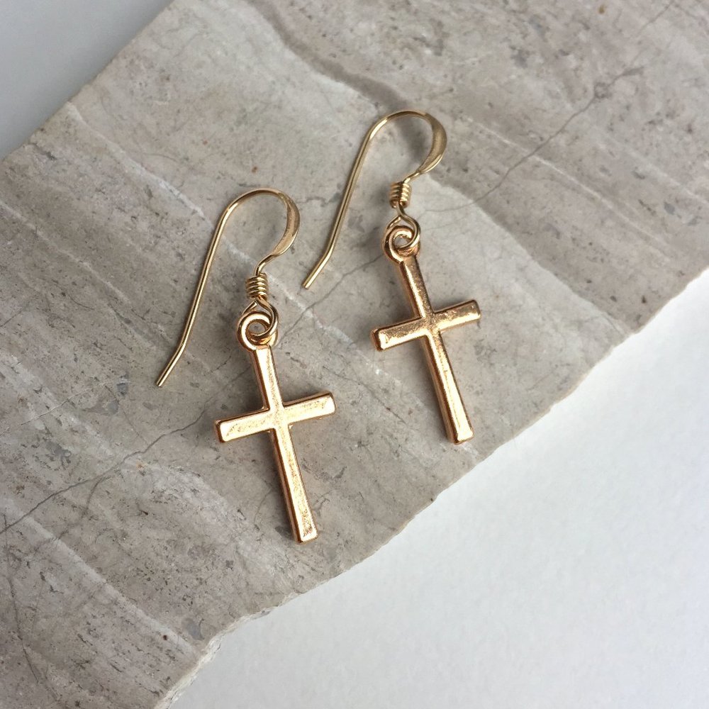 14K Gold/Sterling Silver Tiny Cross Charm Earrings